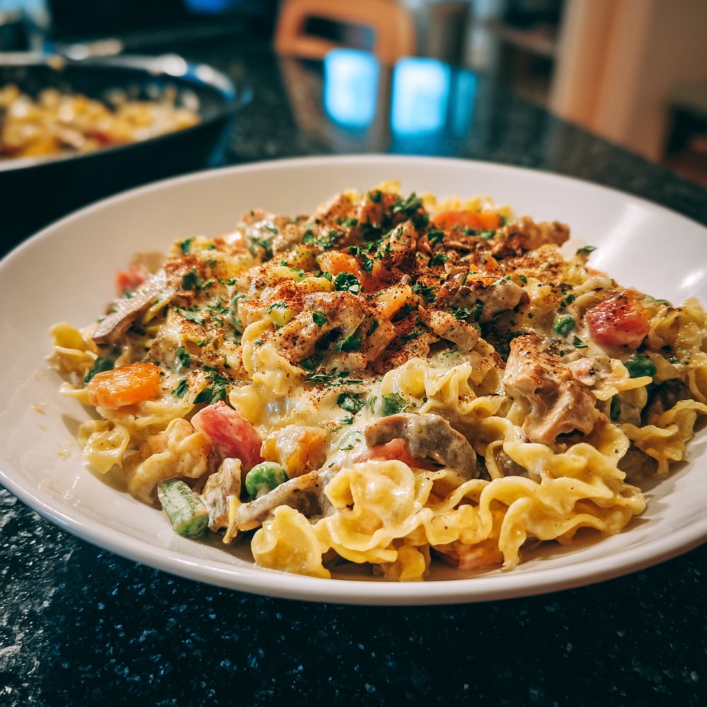 Mittagessen mit Nudeln und Gemüse