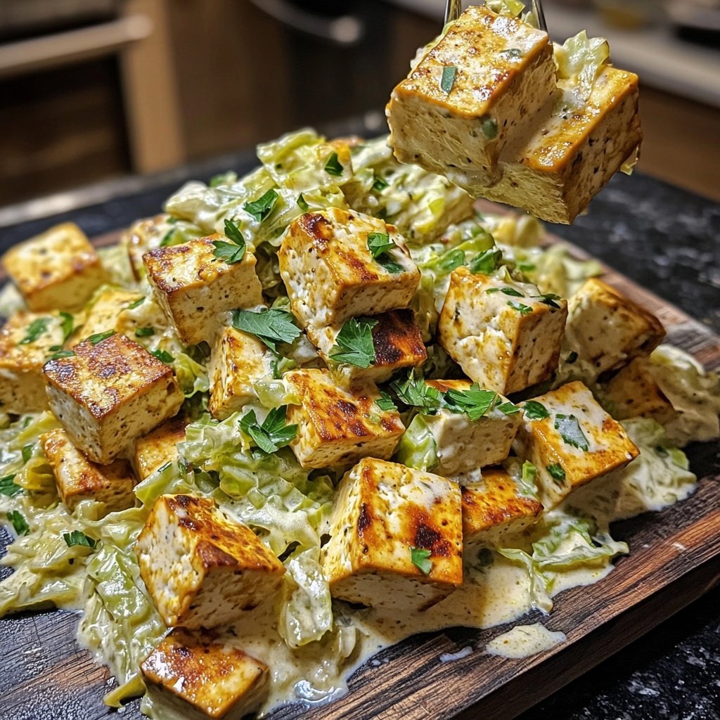 Veganer Sahne-Wirsing mit würzigem Tofu